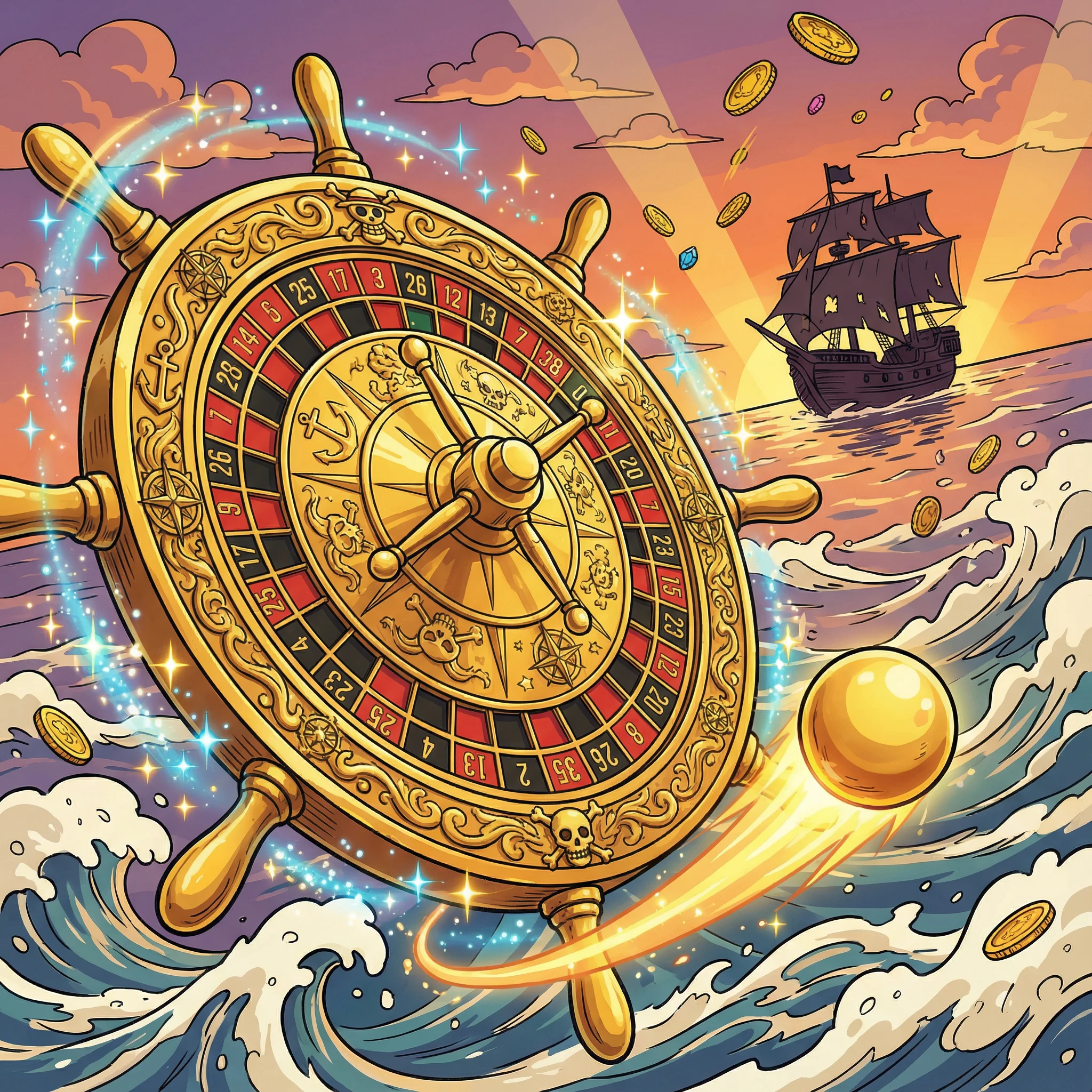 Rueda de ruleta dorada estilo timón pirata girando sobre el océano